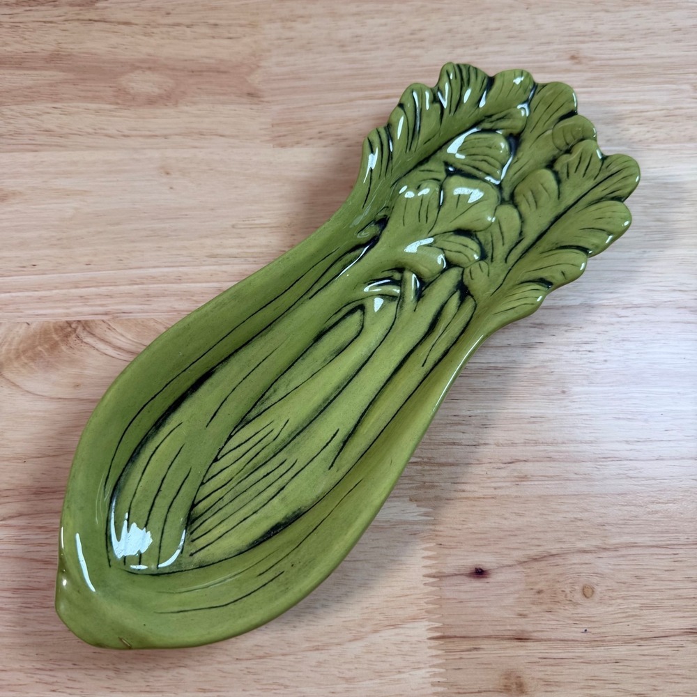 Vintage Green Ceramic Celery Dish Kitchen Decor Tableware Vegetable Tray Mid Mod